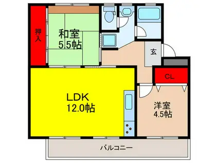 箕面如意谷5号棟(2LDK/4階)の間取り写真
