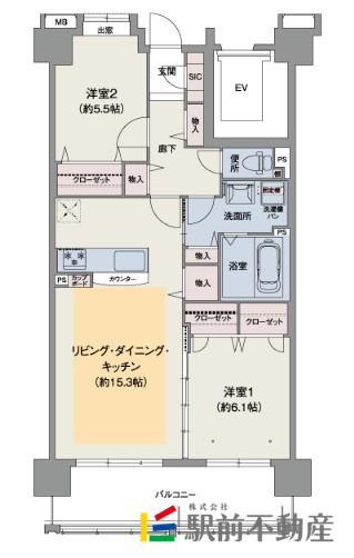 ウェスタ久留米けやき通 壱番館(2LDK/3階)の間取り写真