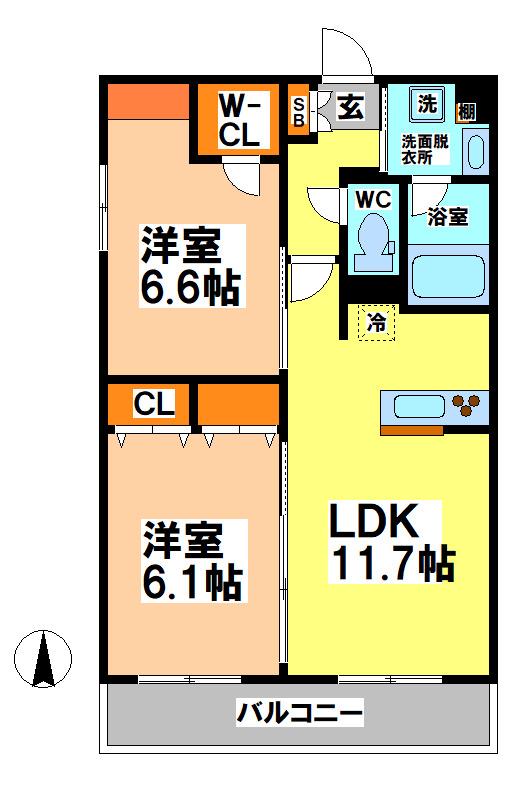 シンクロニシティ武蔵野(2LDK/1階)の間取り写真