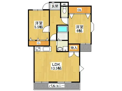 カーサ宝塚東(2LDK/3階)の間取り写真