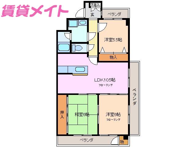 JINハイツ富田浜(3LDK/6階)の間取り写真