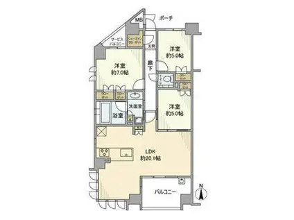 プレティナレジデンス瑞穂陽明(3LDK/7階)の間取り写真