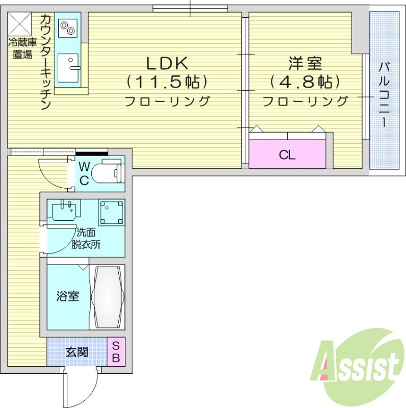 パセオプラシード連坊(1LDK/3階)の間取り写真