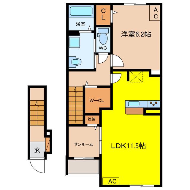 トロワ三本木(1LDK/2階)の間取り写真