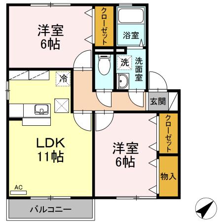 メルベーユコートC棟(2LDK/1階)の間取り写真