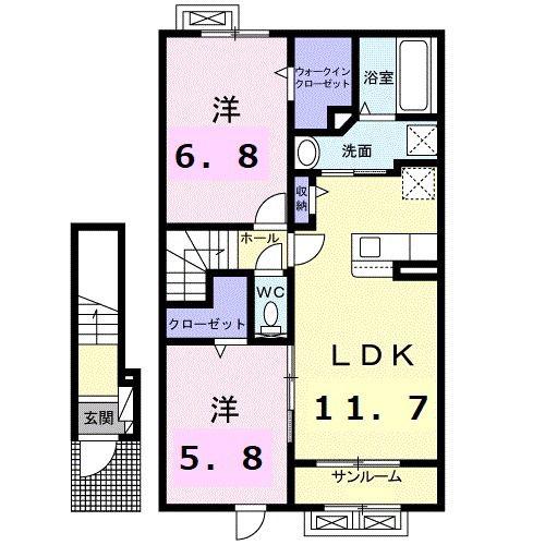 ララ・セゾン(2LDK/2階)の間取り写真