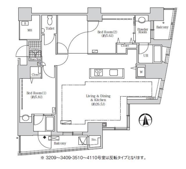 アクティ汐留(2LDK/32階)の間取り写真