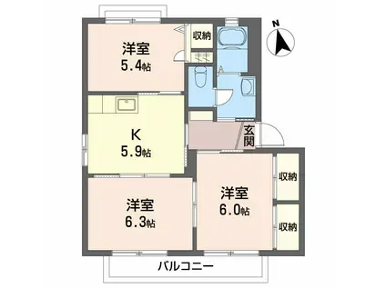 YMハイツ B棟(3K/2階)の間取り写真