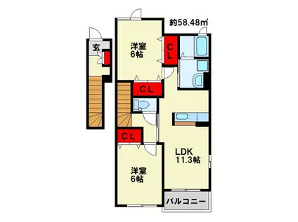 ソレイユ元町II A(2LDK/2階)の間取り写真