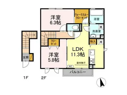 デュオラピッツ B(2LDK/2階)の間取り写真