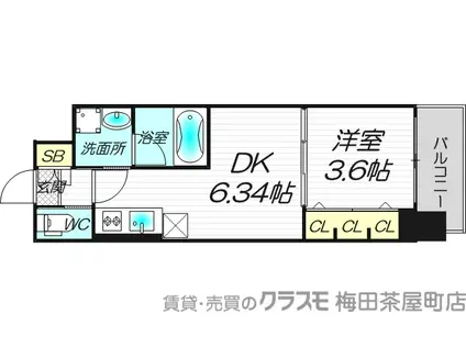 扇町公園プライマリーワン(1DK/7階)の間取り写真