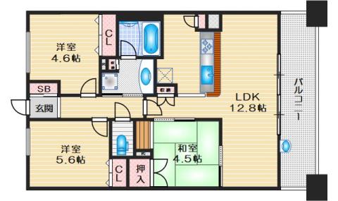 セレッソコート高槻上本町(3LDK/3階)の間取り写真