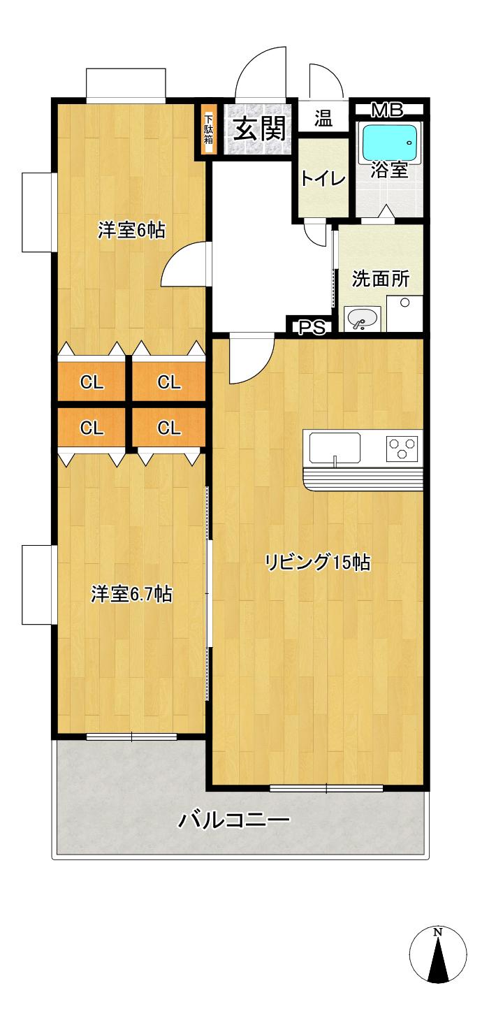 ワンティック長嶺(2LDK/1階)の間取り写真