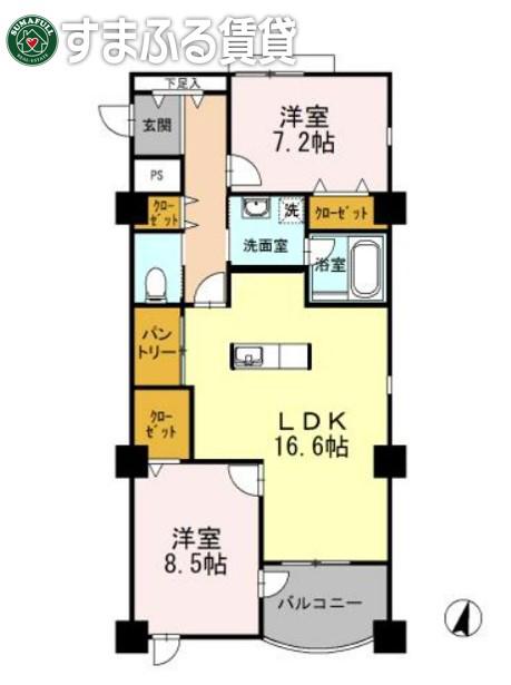 レジデンス柱(2LDK/4階)の間取り写真