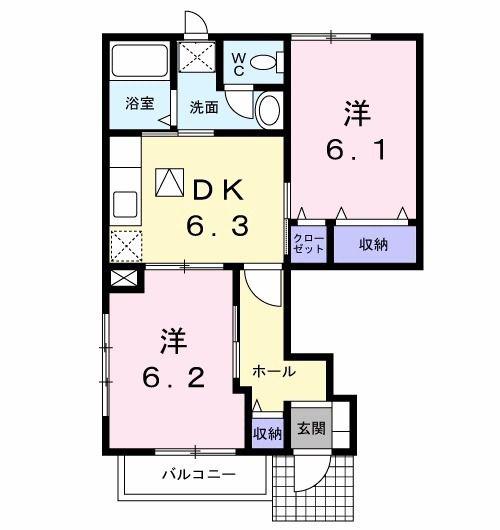 カーサ アンソレイユS(2DK/1階)の間取り写真