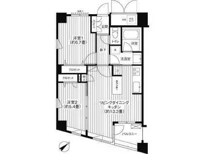 コスモリード新宿余丁町(2LDK/4階)の間取り写真
