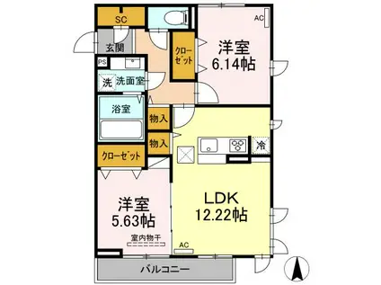 リヴィエール大島 B棟(2LDK/1階)の間取り写真