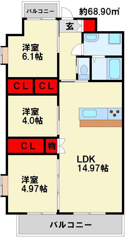 ギャラン二島(3LDK/9階)の間取り写真