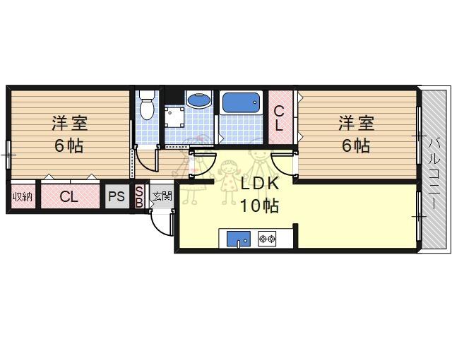 あべのC1コーポ(2LDK/1階)の間取り写真
