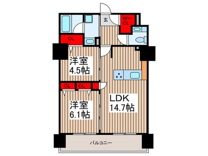 キュロコ日本橋(2LDK/13階)の間取り写真