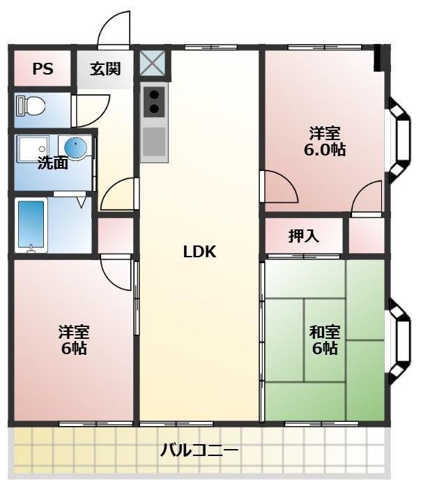 エルメホール三本木I(3LDK/2階)の間取り写真