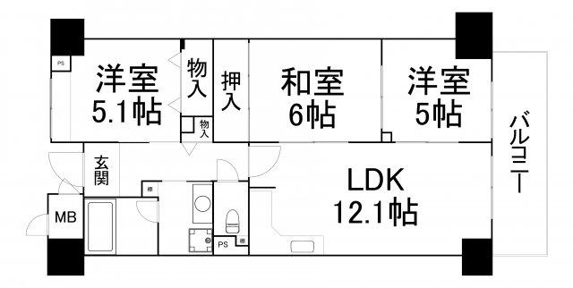 ヒルサイド四天王寺東(3LDK/6階)の間取り写真