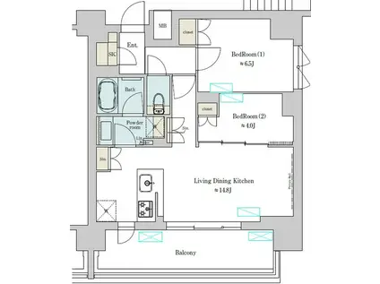 BRILLIA IST 上野稲荷町(2LDK/13階)の間取り写真