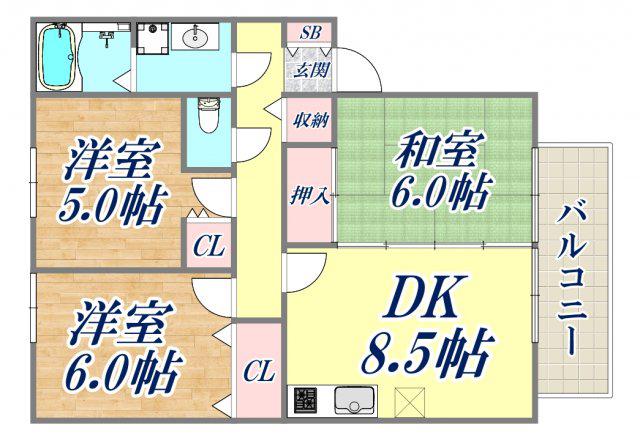グランパルク向井B棟(3DK/2階)の間取り写真
