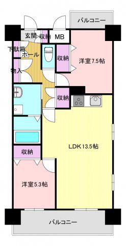ヴィラ東中通(2LDK/9階)の間取り写真