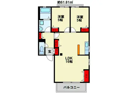 グリーンフィールド曽根 B棟(2LDK/2階)の間取り写真