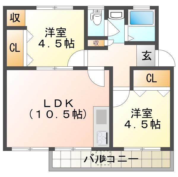 明舞第一団地二号棟(2LDK/3階)の間取り写真