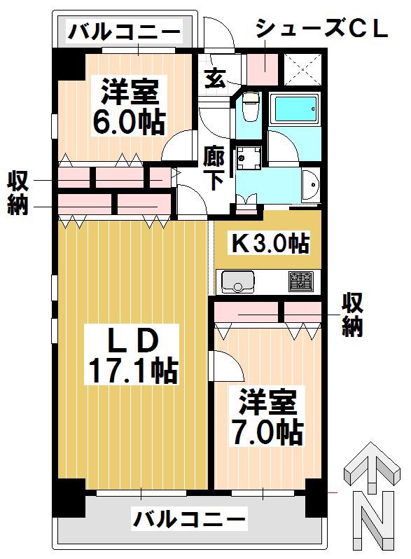 ティンガーラ石川橋(2LDK/3階)の間取り写真