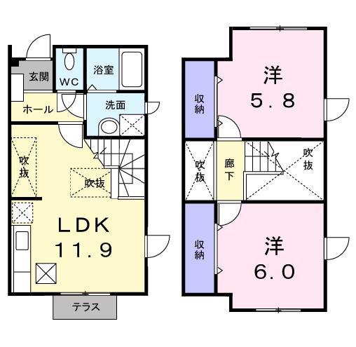 アンセートル城屋敷B(2LDK/1階)の間取り写真
