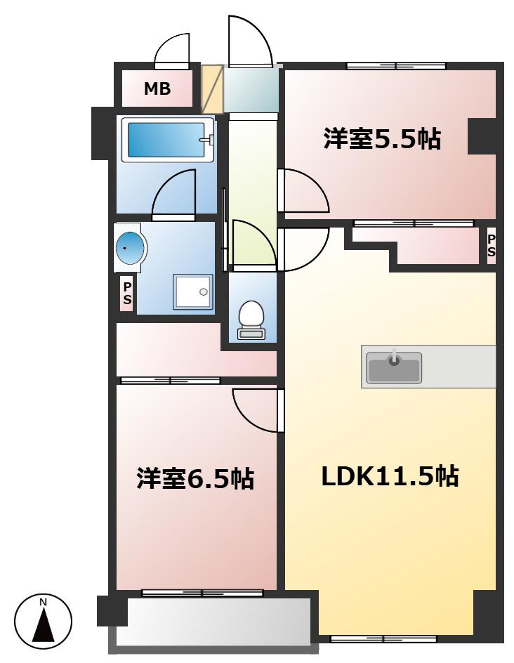 ヴァンヴェール吉田(2LDK/2階)の間取り写真