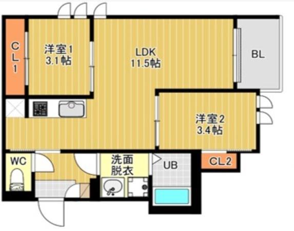 レガレスト大橋(2LDK/1階)の間取り写真