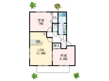 リビングタウン狭山池 D棟(2LDK/1階)の間取り写真