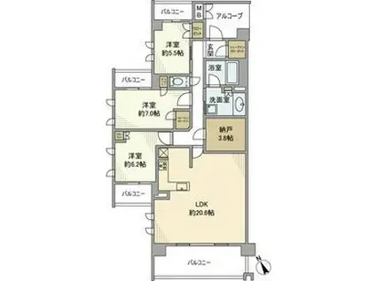 プラウド昭和楽園町テラス(3LDK/3階)の間取り写真