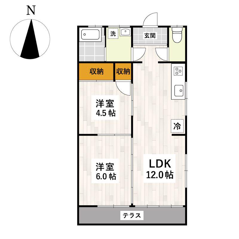 リビング2部屋22.5帖のリノベ済2LDK(2LDK/1階)の間取り写真