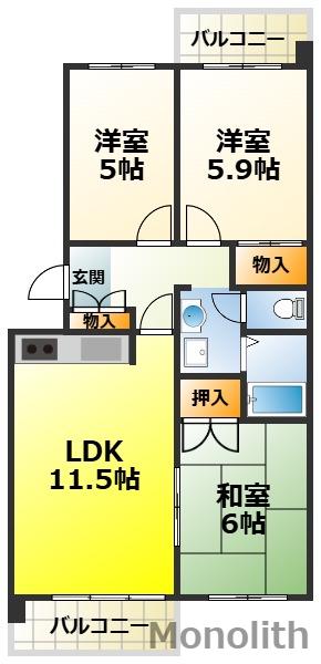 泉北鴨谷台3丁6号棟(3LDK/14階)の間取り写真