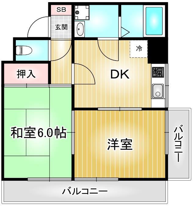ユーハウス六番町(2DK/9階)の間取り写真