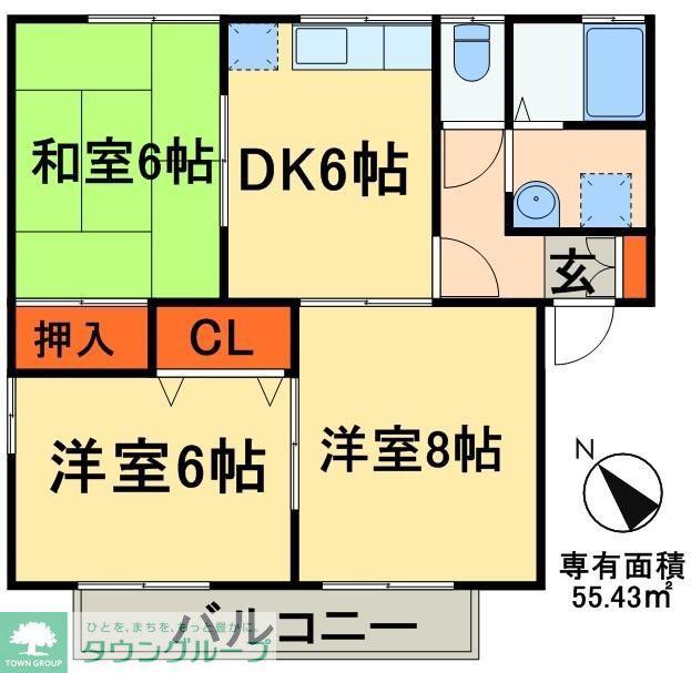 ハイカムール園生Ⅱ(3DK/2階)の間取り写真