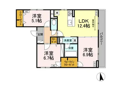 ディールーム グラス 中町(3LDK/3階)の間取り写真