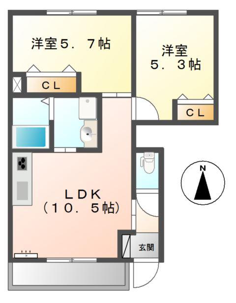 グラスフルールA(2LDK/1階)の間取り写真