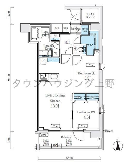 プライマル上野・稲荷町(2LDK/13階)の間取り写真