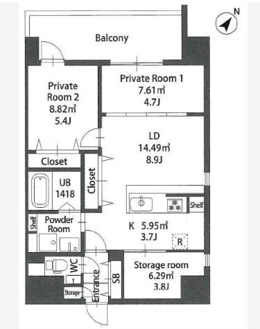 MODERN PALAZZO住吉(2SLK/13階)の間取り写真