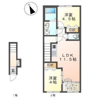 ミ・カーサ河辺B(2LDK/2階)の間取り写真