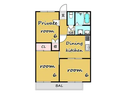 グランハイム岡田A棟(3DK/1階)の間取り写真