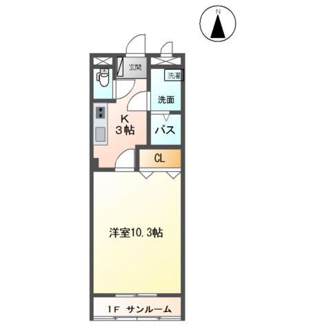 サンヴィレッジ B棟(1K/1階)の間取り写真