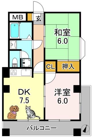 マリワール川辺(2DK/2階)の間取り写真