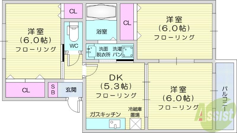 ウエストアネシス壱番館(3DK/2階)の間取り写真